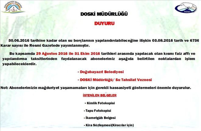 DOĞUBAYAZIT BELEDİYESİ BORCU OLANLARA BİR BİLDİRİ YAYINLADI