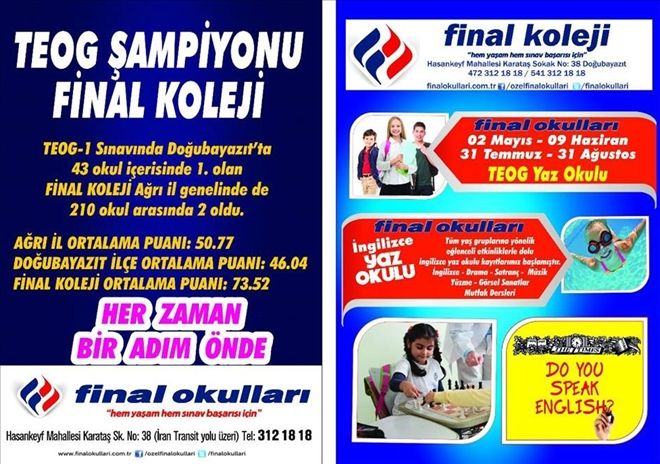 ÖZEL DOĞUBAYAZIT FİNAL OKULLARI TEOG VE YAZ OKULU KAYITLARI DEVAM EDİYOR?