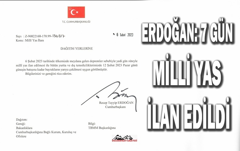 CUMHURBAŞKANI RECEP TAYYİP ERDOĞAN, DEPREM NEDENİYLE 7 GÜN MİLLİ YAS İLAN EDİLDİĞİNİ DUYURDU.