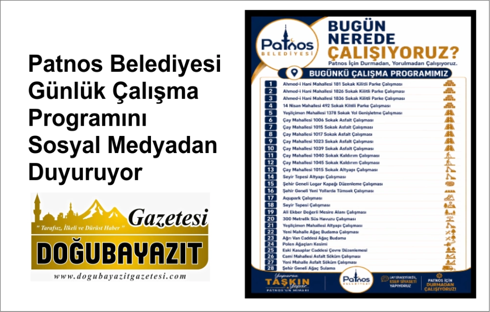 Patnos Belediyesi Günlük Çalışma Programını Sosyal Medyadan Duyuruyor