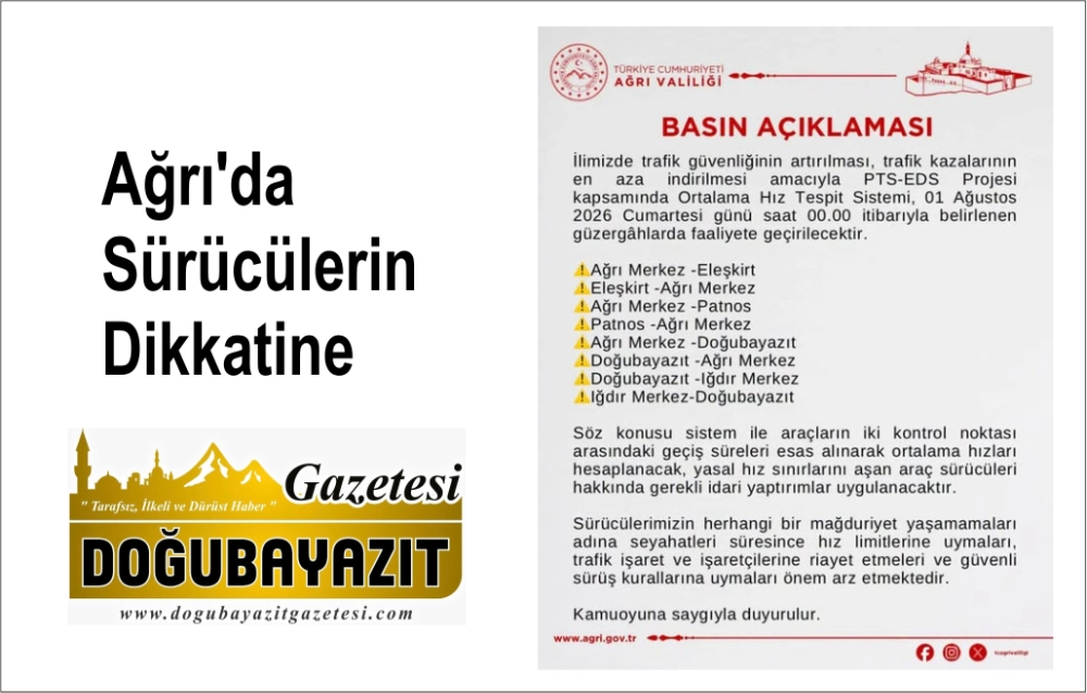 Ağrı'da Sürücülerin Dikkatine: Ortalama Hız Tespit Sistemi 1 Ağustos’ta Devreye Giriyor